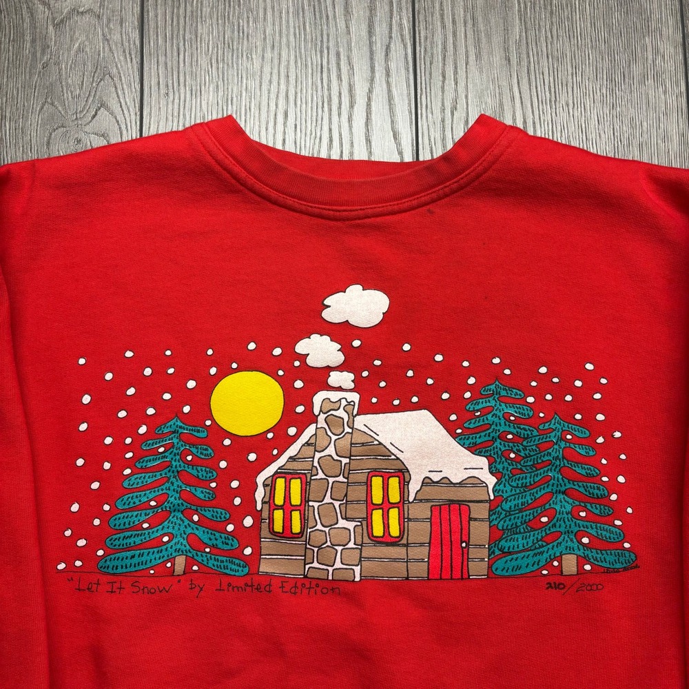 Vintage Let It Snow Red Cabin Small Graphic Crewneck Sweatshirt Limited Edition - Picture 3 of 8